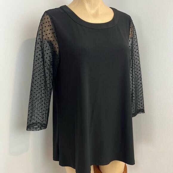 Vintage Anne Klein Women’s Medium Black Sheer Sleeves Blouse Top Shirt Polka - Picture 1 of 13
